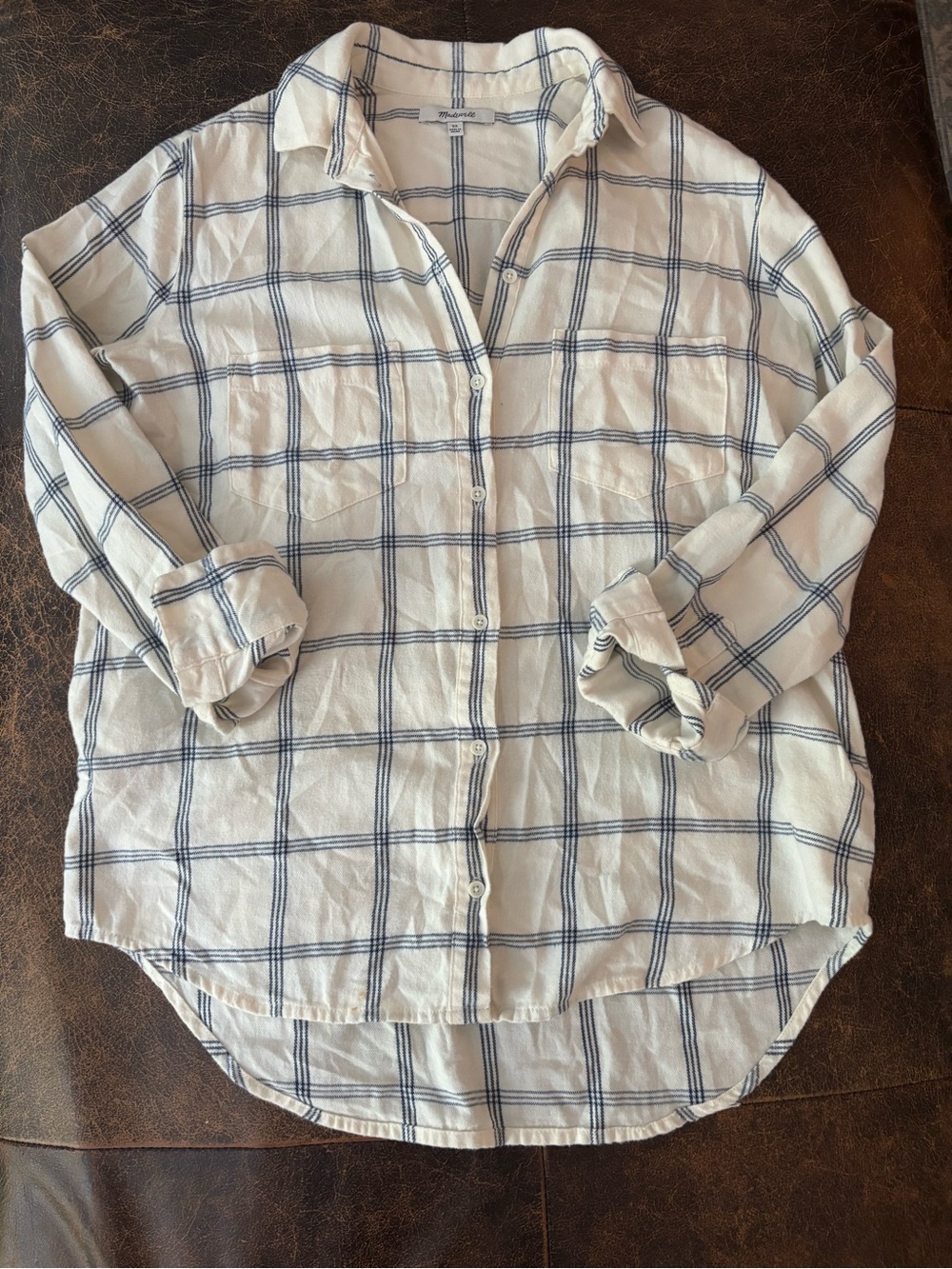 Madewell Cream Button-Down Flannel Shirt with Navy Plaid